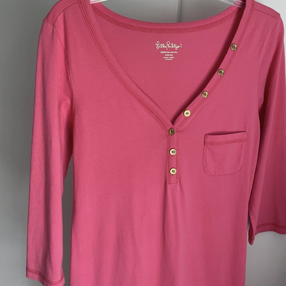 Lilly Pulitzer Palmetto Dress Size M Island Coral Pink Henley V Neck Shirtdress - Picture 6 of 15